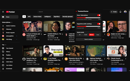 YouTube Thumbnail Resizer :: Customize the size of YouTube thumbnails, plus a focus mode that pauses the video when your attention leaves it.