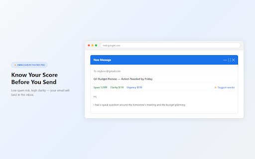 EmailSubjectScore Pro — Email Spam Risk & Subject Line Scorer for Gmail :: Score spam risk, clarity & open rate for every email subject line in Gmail. AI rewrite suggestions in one click. No data sent.