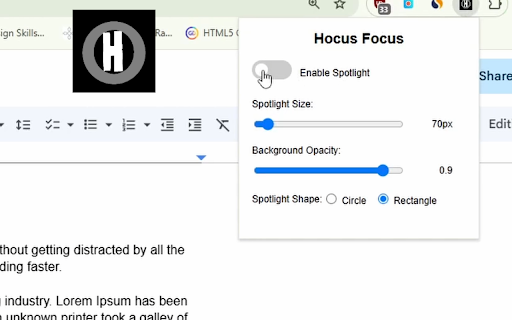 Hocus Focus :: Focus better. Reduce distractions. Creates an adjustable spotlight effect that highlights wherever you point.