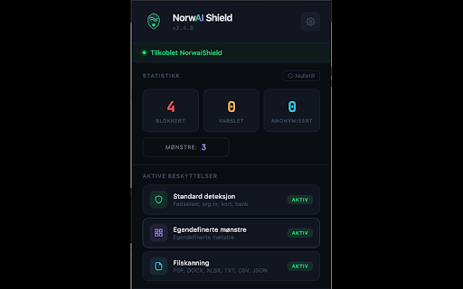 NorwAI Shield :: Beskytter mot datalekkasjer til AI. Oppdager fødselsnummer, kredittkort, bankkonto og sensitiv data i sanntid.