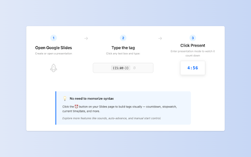 Live Slides Timer :: Add or insert a live countdown timer into your slides — visible to the audience during presentation. Works instantly.