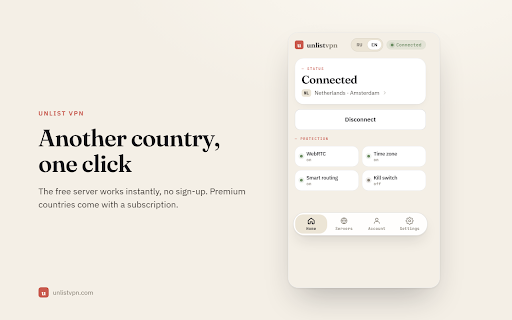 Unlist VPN - Free VPN :: Pick a country, route traffic smartly and protect your privacy, right in the browser. Free server works without signing in.