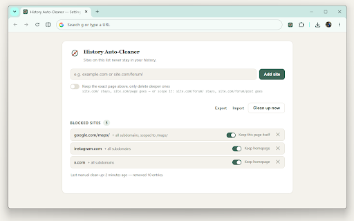 History Auto-Cleaner :: Automatically deletes visits to the websites you choose from your browser history.