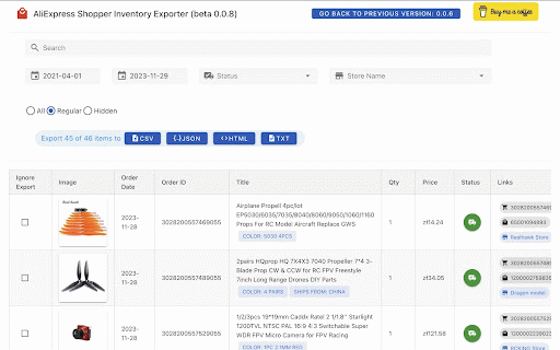 Aliexpress Shopper Inventory :: Easily collect and export your AliExpress orders to local .csv, .json, or .html files, or to Google Sheets via the clipboard.