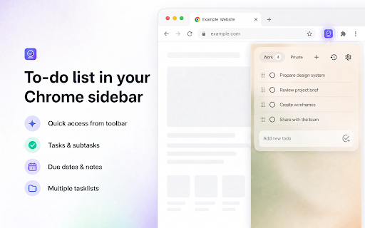 ToDo List Sidebar :: Simple to-do list sidebar for Chrome. Add tasks, subtasks and due dates, sort by priority. Custom backgrounds. One-click access.