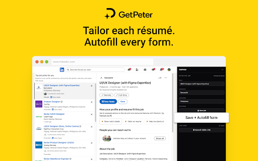 GetPeter :: One sidebar to save any job, tailor your résumé, and autofill every application. AI drafts. You review. You submit.
