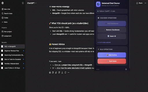 Universal Chat Cleaner: Bulk Delete AI Chats :: Bulk select, archive, and delete conversations across multiple AI chat platforms.