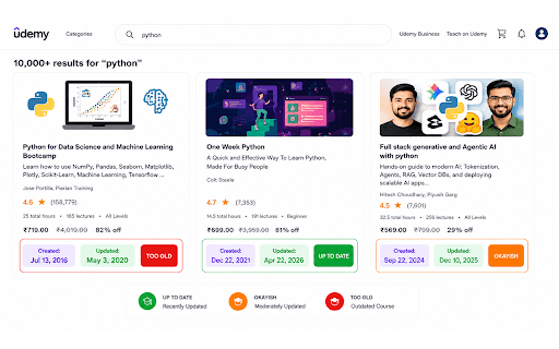 Udemy Course Date & Freshness Checker :: Never buy an outdated course again. See the publish date, last update & freshness rating of every Udemy course.