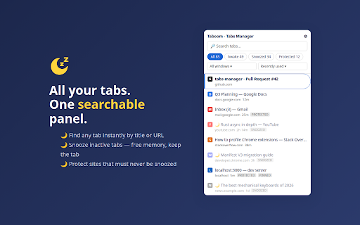 Taboom - Tabs Manager by ariva-tools :: Taboom - Privacy-first smart Tabs Manager to search, snooze, and protect Chrome tabs. Saves memory, runs fully locally.