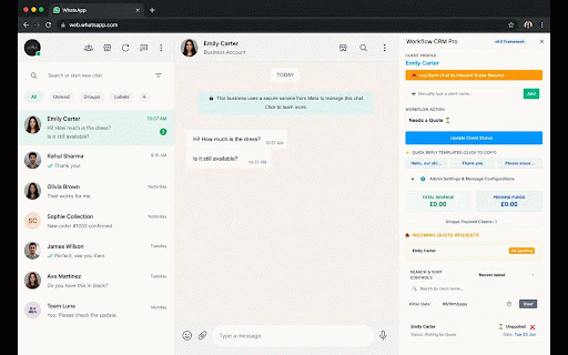 Workflow CRM Pro :: A private local CRM dashboard to track client orders and price requests inside chat threads.