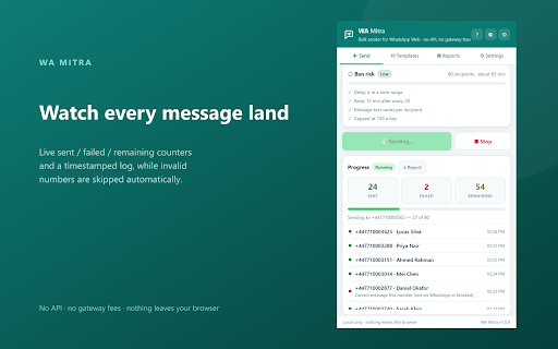 WA Mitra – WhatsApp Bulk Message Sender :: Bulk message sender for WhatsApp Web — personalization, delays, batching, number filter and Excel reports.