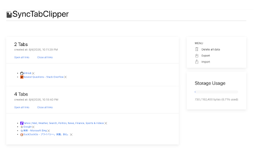 SyncTabClipper :: Save and close all open tabs in one click, onto a single page. Syncs across devices via your Chrome account. No external servers.
