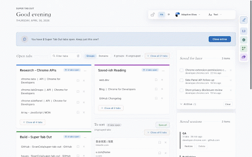 Super Tab Out :: A local-first new tab dashboard for organizing open tabs with tab filtering, privacy mode, themes, and tab groups.