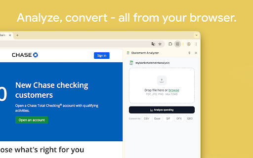 Bank Statement Analyzer — PDF to CSV, Excel, QIF :: Upload bank statement PDFs and instantly analyze spending, convert to CSV, Excel, QIF, OFX, or QBO. Works with any bank worldwide.