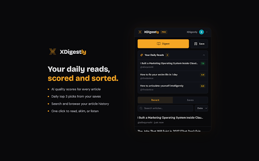 XDigestly — AI Summaries & Podcast Audio for X/Twitter Articles :: AI article summarizer for X/Twitter. Quality scores, clean reader, 3-depth summaries, text-to-speech audio, bookmarks. Free.