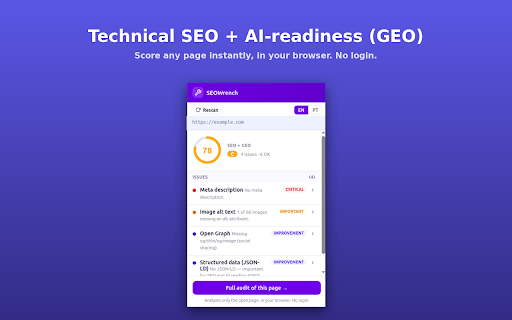 SEOWrench — SEO & GEO Checker :: Analyze the technical SEO and AI-readiness (GEO) of the current page, instantly in your browser. No login.