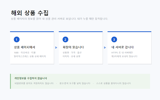 이커머스케어 상품 수집 :: 행운프레시·늘푸른우리 도매 목록과 원산지를 내 상품 관리 서버로 옮기고, 1688·타오바오·알리익스프레스에서 고른 상품을 모읍니다. 사진으로 유사 상품을 찾고 중국어를 번역합니다.