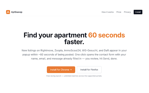 AptSweep :: New rental listings from top UK, German, Irish & US portals — surfaced in your popup within 60 seconds.