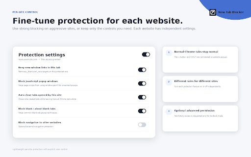 New Tab Blocker :: Stop selected websites opening unwanted tabs and popups while keeping normal Chrome new tabs working.