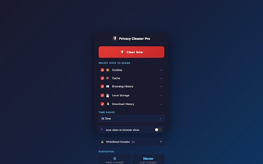 Privacy Cleaner :: Deletes selected browsing data (cookies, cache, history, localStorage) for a chosen time range. Supports a domain whitelist.
