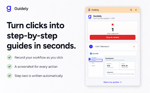 Guidely: Step-by-Step Guide, SOP & Screenshot Maker :: Record clicks into a step-by-step guide with a screenshot per step, then export a PDF for free. Great for SOPs & documentation.