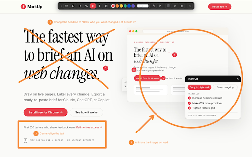 MarkUp: Annotate webpages, prompt AI agents :: Annotate live webpages and export structured change requests to AI coding assistants. Draw your changes instead of describing them.