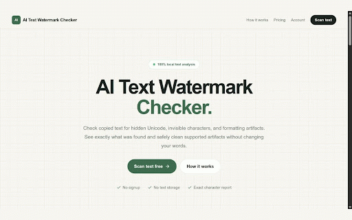 AI Text Watermark Remover :: Find and remove supported hidden Unicode and formatting artifacts from copied AI text, locally in your browser.
