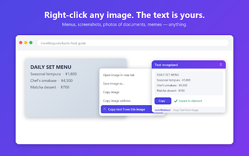 Copy Text from Image - OCR by MiniWebtool :: Right-click any image or capture any area - the text is recognized on your device and copied. Pay once, no subscription.