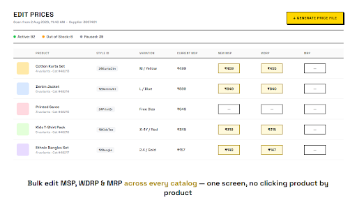 Meesho Price Manager :: Meesho makes you hunt Catalog & Product IDs by hand to raise a price. We capture them for you, automatically.