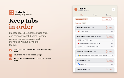 Tabs Kit :: Organize Chrome tab groups with local AI naming, fast ungrouping, history restore, search, and cleanup.