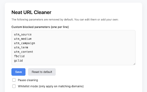 Neat URL Cleaner :: Automatically cleans tracking parameters like utm_source, fbclid, and gclid from URLs for cleaner, faster browsing.