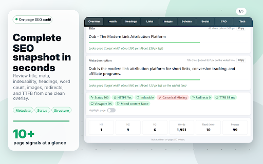 Technical SEO & CRO Audit: Site Health, Schema, Links, Images, Social, Tech :: Run technical SEO and CRO audits with site health, schema, link, image, social preview, and tech stack checks.