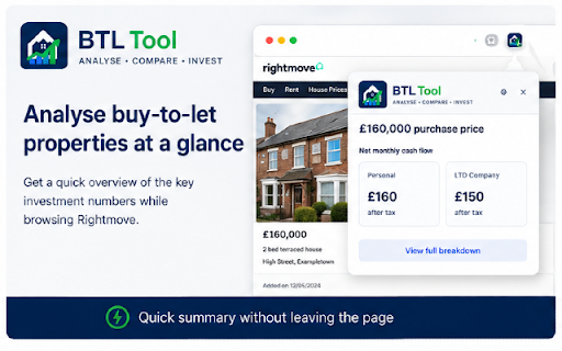 BTLTool :: Analyse Rightmove properties with BTLTool — calculate rental yield, mortgage costs, tax and cash flow for buy-to-let investments.