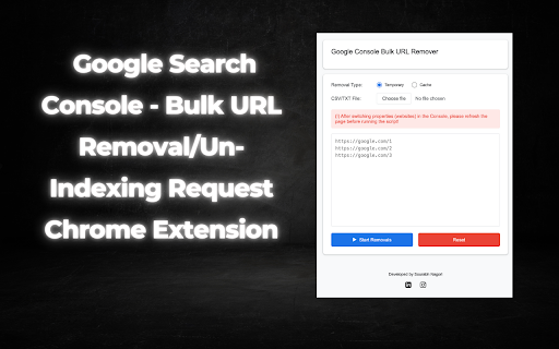 Google Search Console - Bulk URL Removal - Un - Indexing Request :: This extension can bulk remove a list of multiple URLs from google via Google's search console with one click