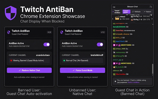 Twitch AntiBan Chat :: Automatically restores Twitch chat visibility in guest mode when banned from viewing chat.