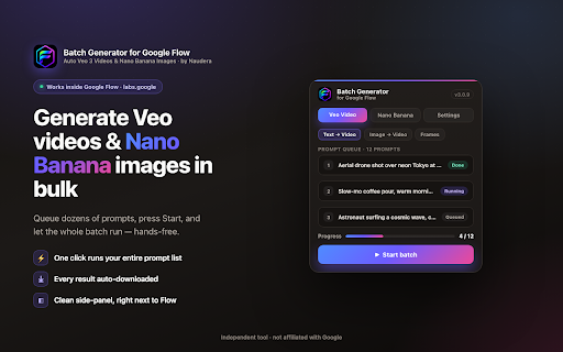 Batch Generator for Google Flow - Auto Veo 3 Videos & Nano Banana Images :: Automate Google Flow: batch generate Veo 3 AI videos & Nano Banana images in bulk. Auto-submit prompts, auto-download every result.