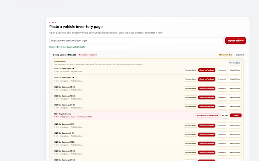 ListMotive :: Vehicle inventory assistant for importing listings, preparing Marketplace drafts, managing photos, and tracking renewals.