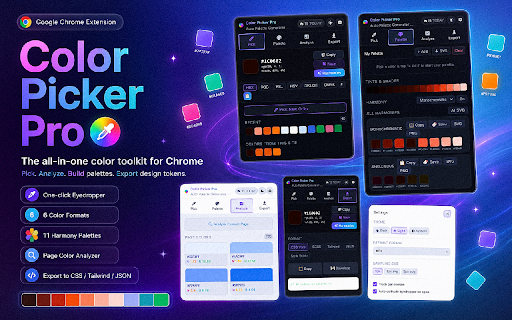 Color Picker Pro - Auto Palette Generator & Color Harmony :: Pick colors from any webpage instantly. Auto palette generator, 11 harmony types, WCAG contrast checker & design token export.