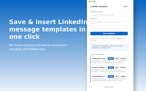 LinkedIn Message Templates :: Save and quickly insert LinkedIn connection and message templates.