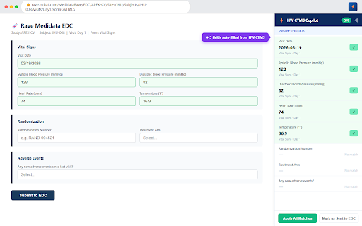 HW CTMS Copilot :: Auto-fill EDC forms with one click using HW CTMS visit data. Eliminates manual re-entry for clinical coordinators.