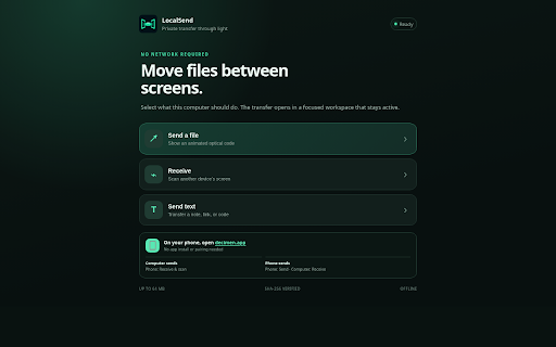 LocalSend :: Send and receive files with nearby devices directly from your browser using animated optical codes.