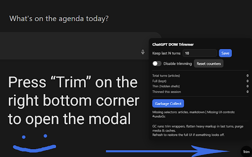 ChatGPT DOM Trimmer :: Keeps ChatGPT tabs fast by trimming old DOM nodes and offering optional cleanup tools.