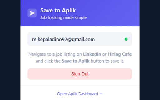Save to Aplik :: Save job listings to your Aplik dashboard with one click. Works on LinkedIn and Hiring Cafe.