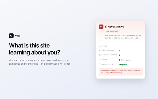 Veyl — Privacy Agent for the Web :: Veyl shows you what a website is actually doing with your data, in plain language, without ever sending your browsing anywhere.