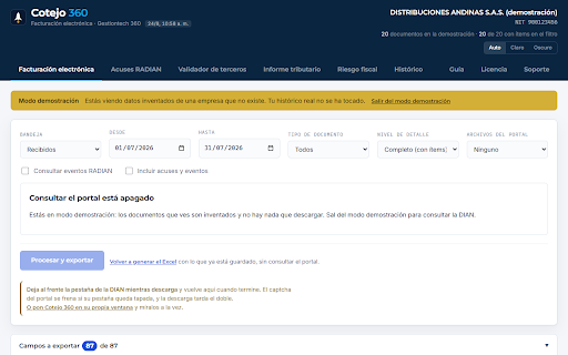 Cotejo 360 :: Tu facturación electrónica de la DIAN en Excel, con auditoría de riesgo fiscal. Todo en tu equipo: nada sale a internet.