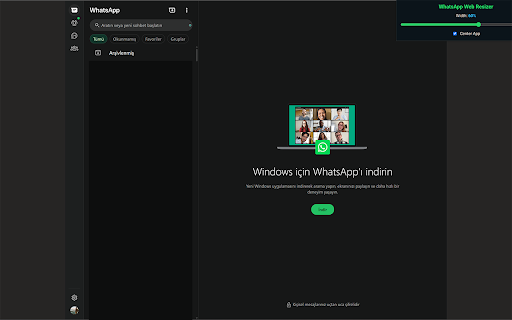 WhatsApp Web Resizer :: Customize and center WhatsApp Web width with slider and checkbox settings.