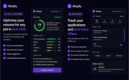 Skopfy — Job Tracker :: Skopfy Extension Apply to jobs with an ATS-optimized CV in just 1 click. Track your applications from your browser