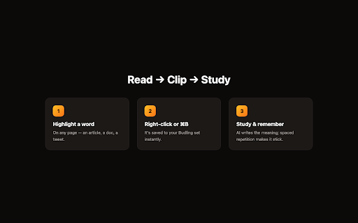 Budling Clipper :: Save English words from any webpage to your Budling flashcard sets in one click. Right-click or press the shortcut.