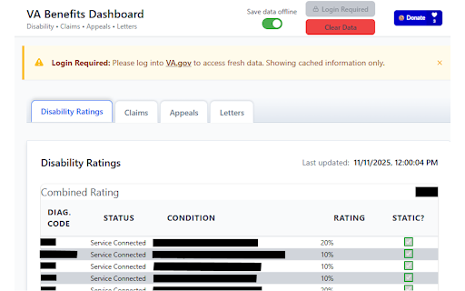 VA Benefits Dashboard :: Enhanced dashboard with VA disability ratings, claims, appeals, and letters with automatic refresh and better data management.