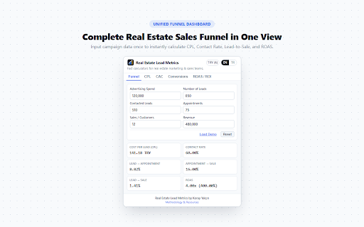 Real Estate Lead Metrics :: Fast, privacy-first marketing & sales funnel metrics calculator for real estate teams.